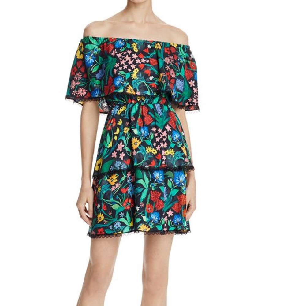 Alice + Olivia Black Off-Shoulder Floral Tiered Dress